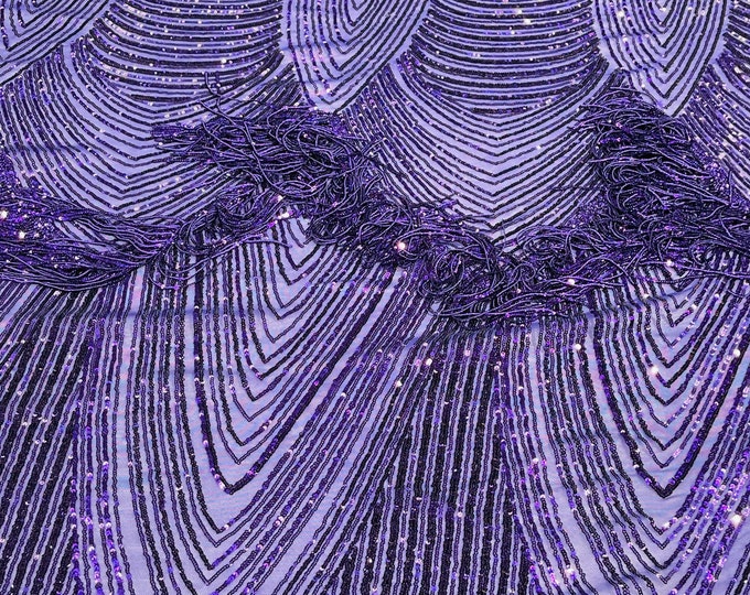 Purple Fringe Sequins on Power Mesh, Fringe Design Embroidered on 4 Way Stretch Fancy Sequin ( Choose The Size )