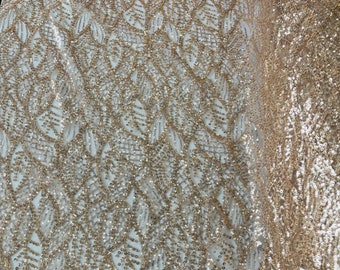 Rose Gold Beaded Lace Fabric: Wavy Leaf Pattern, Bridal Embroidery