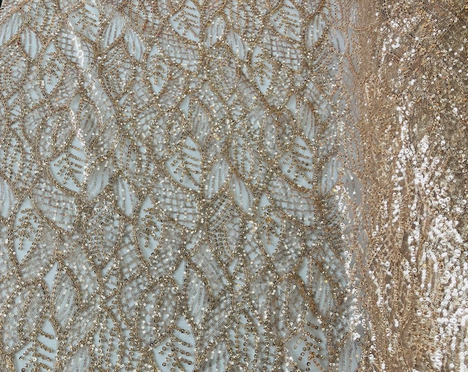 Rose Gold Wavy Lines Leaf Pattern Wedding Beaded Fabric - Embroidered Line Bridal Beaded Lace Fabric Sold By The Yard