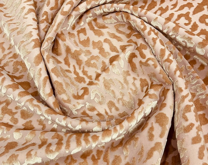 Khaki Leopard Design With Glitter, Burnout Velvet 4 Way Stretch 58/60” Sold by the yard (Pick a Size)