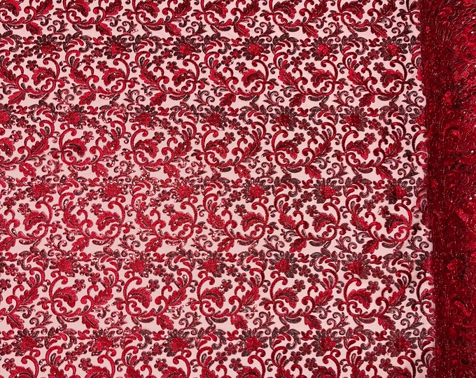 Metallic Burgundy Floral Lace Fabric By The Yard, Embroidery With Sequins on a Mesh Lace Fabric, Corded sequins Lace