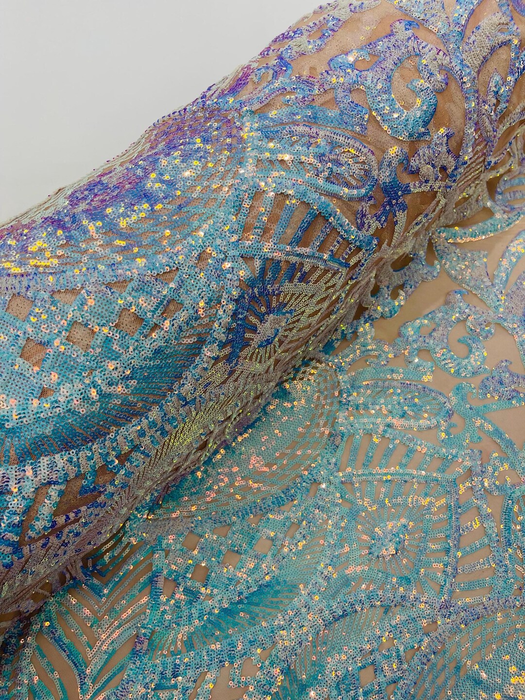 Iridescent Aqua Sequin Fabric: Royalty Embroidered Mesh, Prom Gown - Etsy