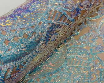 Iridescent Aqua Sequin Fabric: Royalty Embroidered Mesh, Prom Gown