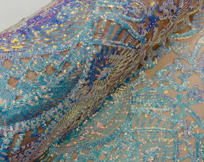 Iridescent Aqua Sequin Fabric, Royalty Design Embroidered With Sequin on a 4 Way Stretch Sequin Fabric Mesh-Prom-Gown By The Yard