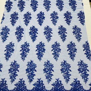 Royal Blue Floral Lace Fabric - by the yard - Embroidery With Sequins on a Mesh Lace Fabric For Wedding-Bridal