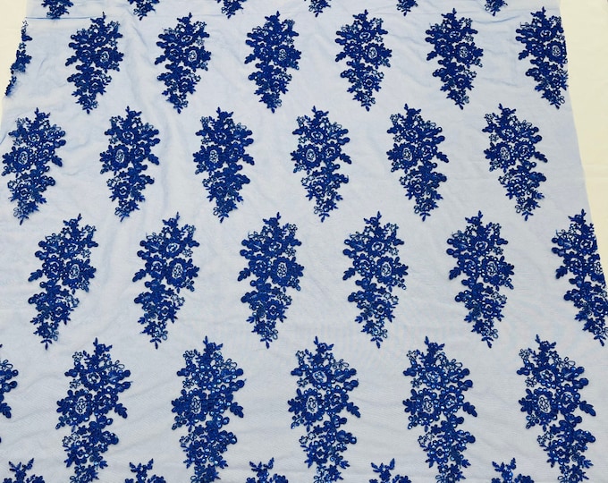 Royal Blue Floral Lace Fabric - by the yard - Embroidery With Sequins on a Mesh Lace Fabric For Wedding-Bridal