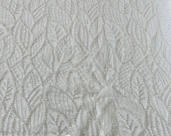 White Beaded Lace Fabric – Embroidered Leaf Bridal Fabric