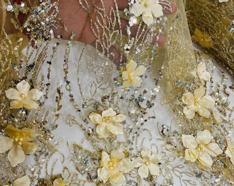 Gold 3D Flower Sequin Fabric, Glitter Floral Mesh, Wedding Dress