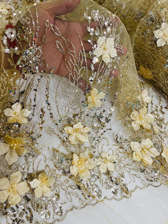 Gold 3D Flower Sequin Fabric, Glitter Floral Mesh, Wedding Dress - Etsy Gold 3D Flower Sequin Fabric, Glitter Floral Mesh, Wedding Dress - Etsy
