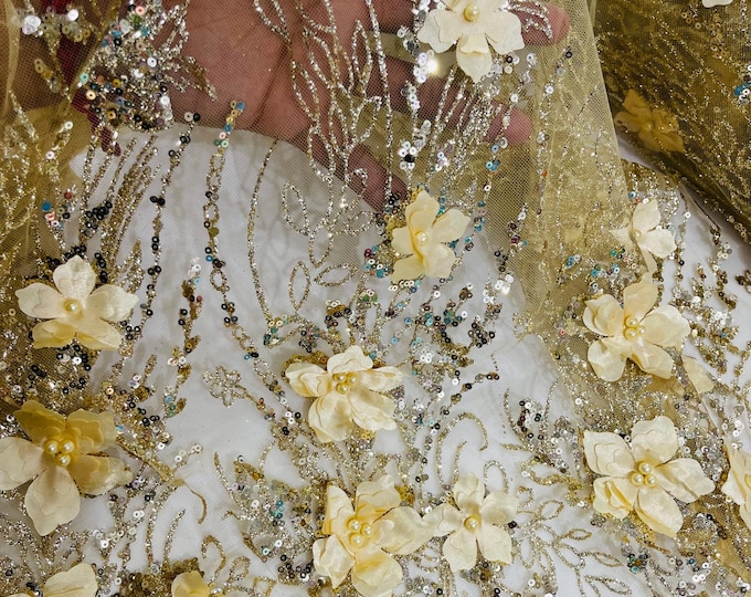 Gold 3D Flower Glitter Sequin Fabric by the yard, 3D Floral Glitter Sequin On Mesh for wedding dress Quinceañera