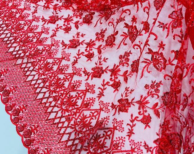 Red Beaded Sequined Lace Fabric: Embroidered Mesh, Bridal Wedding Dress