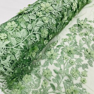 Emily 3-D Floral Design Embroider with Pearls On A Mesh Lace Fabric (1 Yard, Kelly Green)