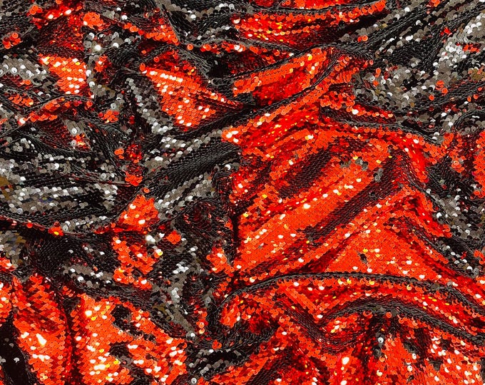 Black/Red Sequins Fabric: 2-Way Stretch Flip-Up Reversible Sequin
