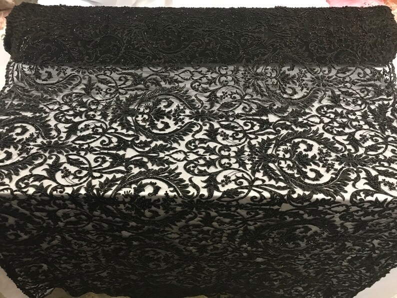 Black Beaded Fabric by the Yard Embroidered Damask Pattern Etsy
