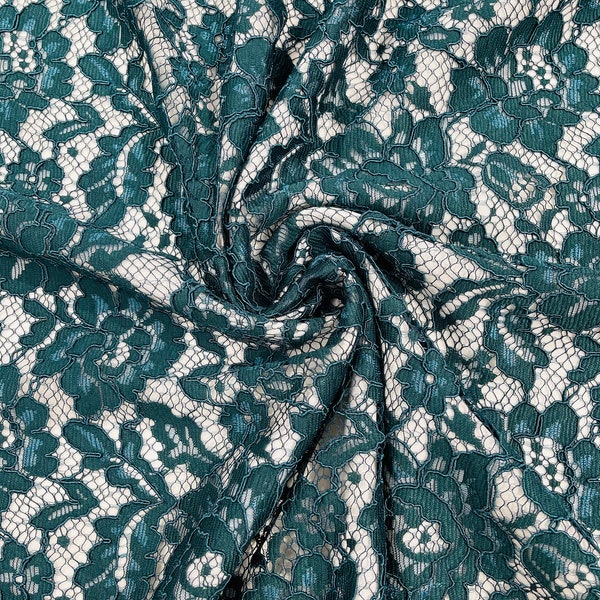 Teal Corded Floral Lace Fabric | by the yard (Pick a Size) Wedding Lace Fabric | Rose Flower Fabric | Soft Scalloped Lace Fabric