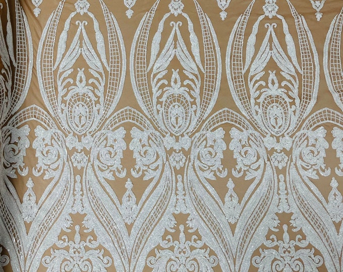 White on Dark Nude Sequins - 4 Way Stretch Fancy Big Damask Design Sequins on Spandex Mesh Prom Gala Gown Fabric By The Yard