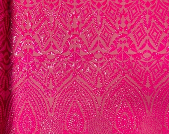 Hot Pink Holographic Sequin Fabric – Geometric Embroidery on Mesh, 4-Way Stretch