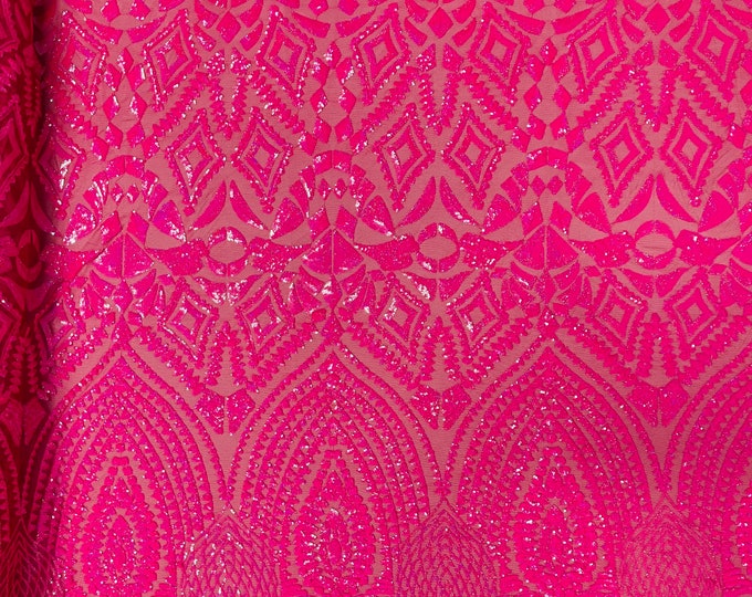 Hot Pink Holographic Sequin Fabric on a Mesh 4 Way Stretch - Geometric Design Embroidery With Sequins Iridescent (Pick a Size) by the yard