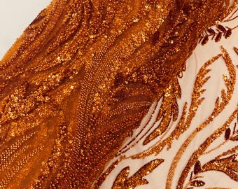 Burnt Orange Beaded Fabric: Embroidered Leaf Pattern, Bridal Wedding Fabric