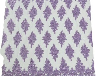 Lilac Beaded Lace Fabric: Embroidered Sequins Bridal Wedding Fabric