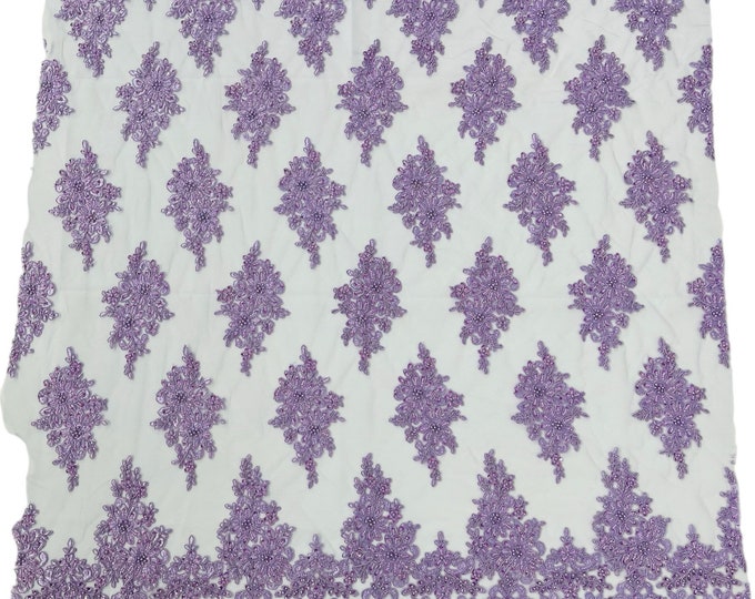 Lilac Flower Beaded Fabric by the yard - Embroidered Beaded With Sequins Wedding Bridal Fabric | Lace Beaded