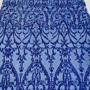Royal Blue Sequin Fabric Sold By The Yard - on Spandex Mesh - Damask Design 4 Way Stretch Sequins Fabric