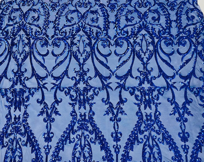 Royal Blue Sequin Fabric Sold By The Yard - on Spandex Mesh - Damask Design 4 Way Stretch Sequins Fabric