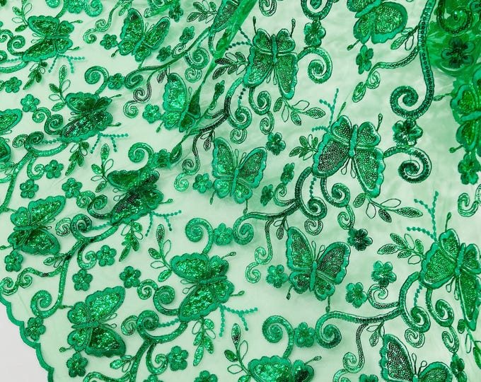 Emerald Green Butterfly Embroidered Lace Fabric with Metallic Thread & Sequins by yard