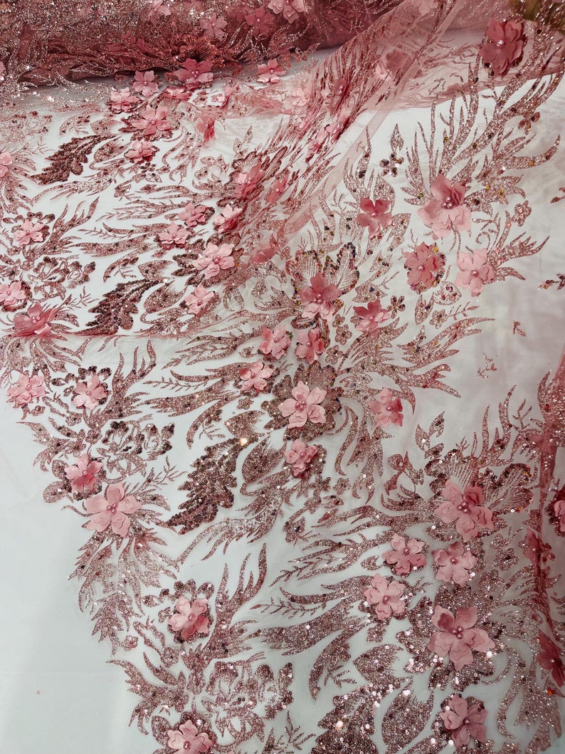 Dusty Rose Glitter Floral Mesh, Glitter 3D Flower Sequin Fabric ...