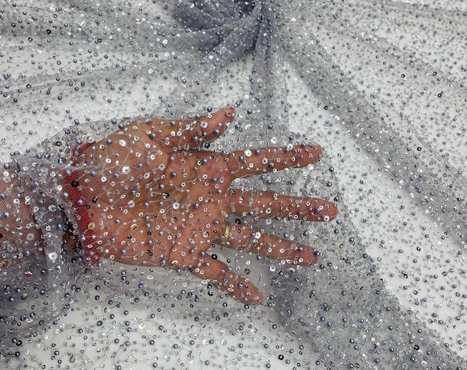 Silver Beaded Sequin Mesh Lace Fabric, Rain Design Embroidery By The Yard