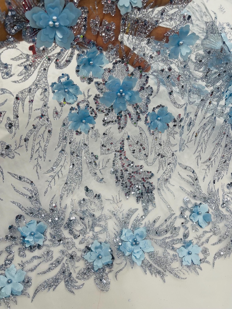 Baby Blue Glitter Floral Mesh, Glitter 3D Flower Sequin Fabric, Wedding ...