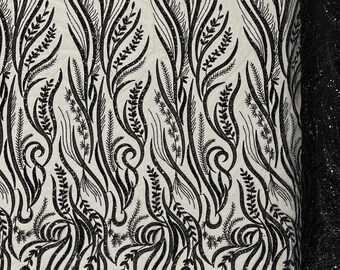Black Floral Beaded Lace Fabric: Embroidered Sequin Mesh, Bridal Design