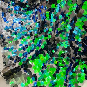 Black/Green Iridescent Round Sequin Paillette By the Yard, Mermaid Scale Round Sequins Fabric on a  Mesh, Decorative Cover party, Prom