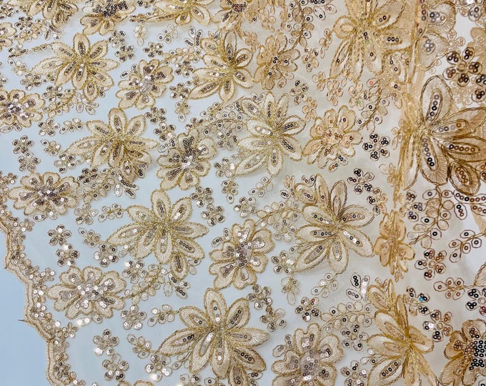 Champagne Lace Fabric With Sequins, Metallic Thread Flower Embroidery by Yard