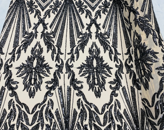 Black Sequins Lace Fabric On Nude Mesh, Geometric Design Embroidered On 4 way Stretch Sequin By The Yard -Prom-Gown ( Choose The Size )