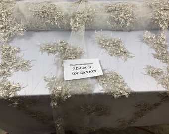3D Floral Fabric, 3D Flower White/Silver - by the yard - Embroider With Rhinestones and Beaded On a Mesh Lace