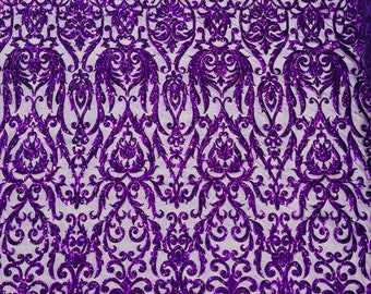 Purple Sequins Fabric | 4 Way Stretch Mesh, Embroidered Damask