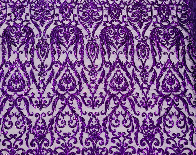 Purple Sequins Fabric| by the yard | 4 Way Stretch Mesh | Embroidered King Damask Design With Sequin Lace Prom-Gown