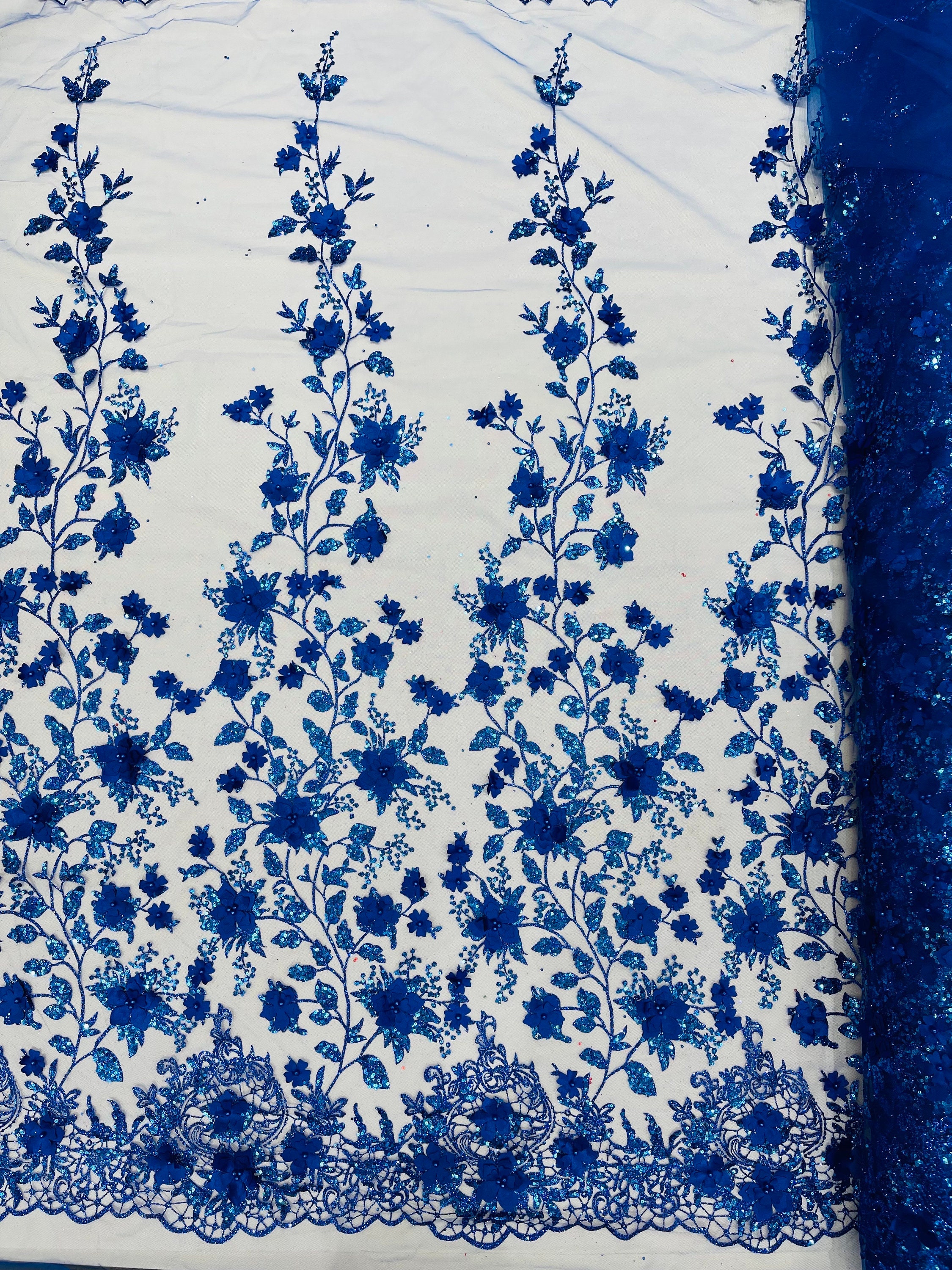 Royal Blue 3D Flower Glitter Sequin Fabric by the Yard, 3D Floral ...