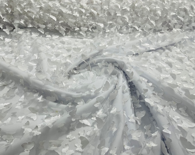 White 3D Butterfly Lace Fabric Embroidered on Tulle Mesh Lace Fabric, Floral Bridal Lace Wedding Dress by the Yard (Pick a Size)