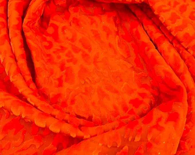 Orange Leopard Design With Glitter, Burnout Velvet 4 Way Stretch 58/60” Sold by the yard (Pick a Size)