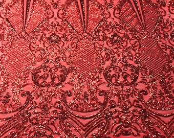 Red Sequin Lace Fabric: Damask Embroidered Mesh, 4-Way Stretch
