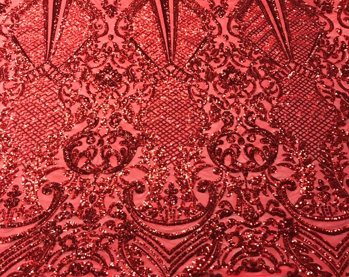 Sequins Red Lace Fabric, DAMASK Design Embroidered on a Mesh 4 way Stretch Sequin By The Yard -Prom-Gown ( Choose The Size )
