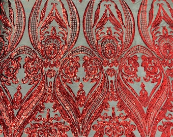 Red Damask Sequin Fabric: 4-Way Stretch Spandex Mesh, Prom Gown Material