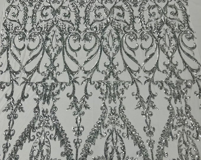 Silver Sequin Fabric White Mesh Sold By The Yard - on Spandex Mesh - Damask Design 4 Way Stretch Sequins Fabric