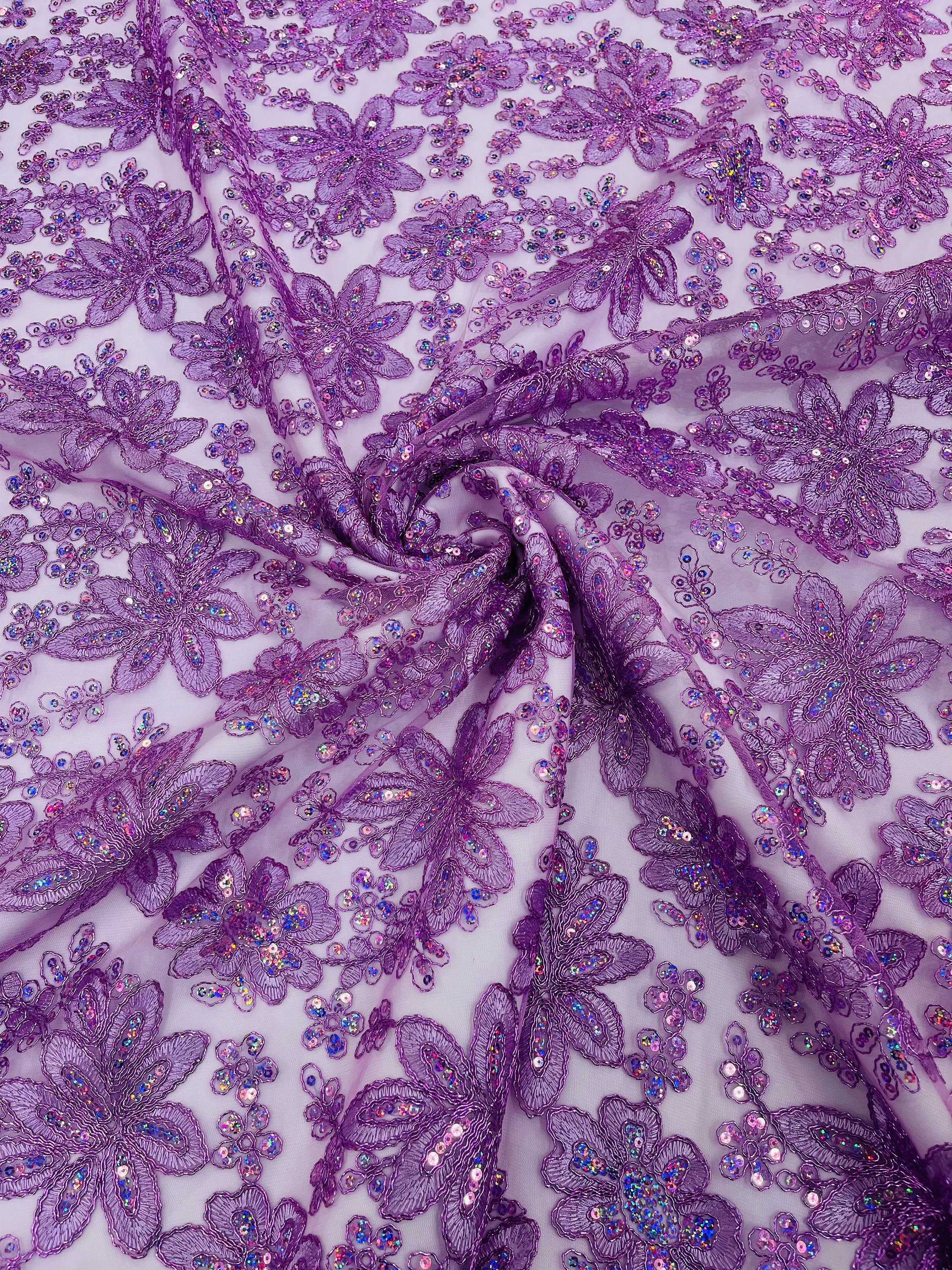 Lilac Hologram Floral Lace Fabric With Sequins - Metallic Thread ...