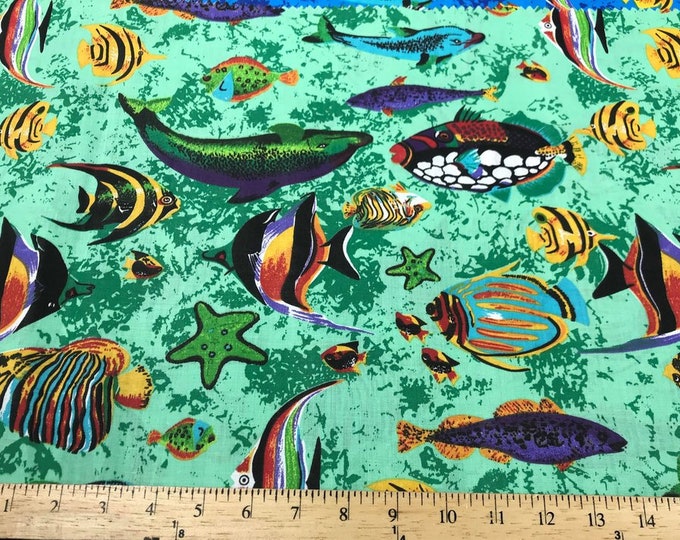 Mia's Fabrics Inc, Green Fish Tank Aquarium Printed Poly Cotton Fabric By The Yard - 60" (Pick a Size)