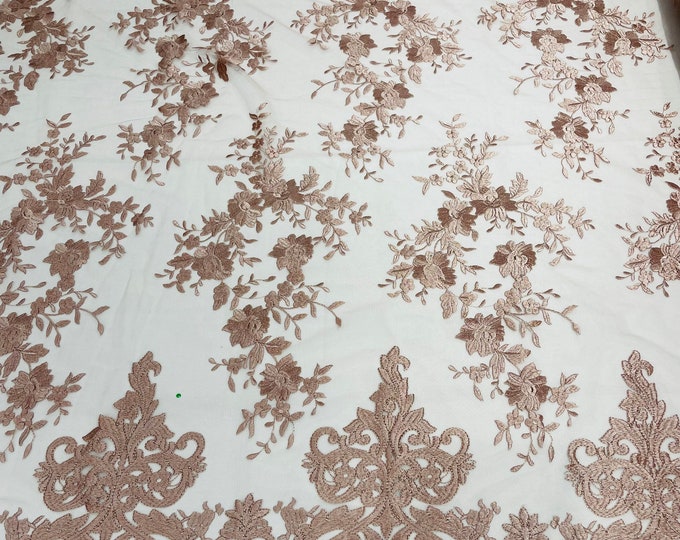 Blush Bridal Lace - by the yard - Damask Design Embroidered on Mesh Lace Fabric, Floral Wedding Dress (Pick a Size)
