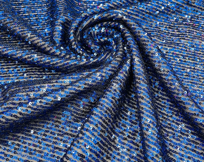 Royal Blue/Navy Mesh, Mille Striped Stretch Sequins Lace Spandex Mesh-Prom-Gown By The Yard, Formal Wedding Couture Fabric Sequin Fabric