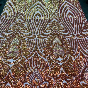Orange Iridescent Sequin 4 Way Stretch Sequin Fabric Damask Aria Design on a Spandex Mesh Prom Gala Gown By The Yard